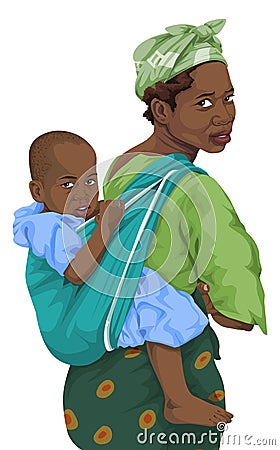 Vector of african woman giving piggyback ride to son Vector Illustration