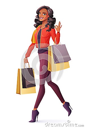 Vector African woman walking with shopping bags and showing OK. Vector Illustration