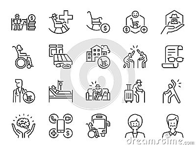 Aging society icon set. It included icons such as senior people, elderly, retirement, retire, and more. Vector Illustration