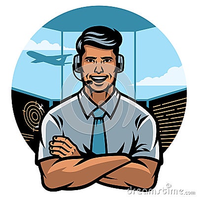 Air traffic controller worker smiling Vector Illustration