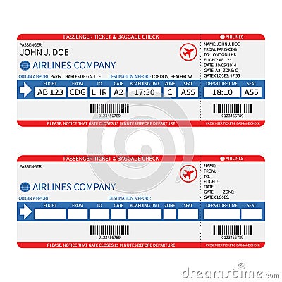 Vector airline passenger and baggage ( boarding pass ) tickets with barcode. Vector Illustration