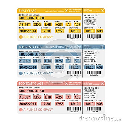 Vector airline passenger and baggage ( boarding pass ) tickets with barcode. Vector Illustration