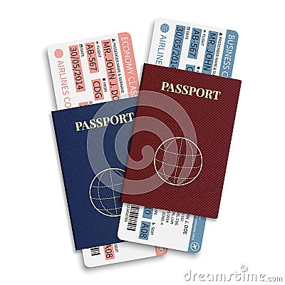 Vector airline passenger and baggage ( boarding pass ) tickets with barcode and international passport. Vector Illustration