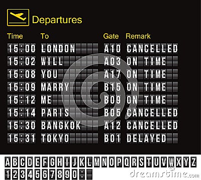 Vector airport board isolated. Realistic flip scoreboard airport Vector Illustration