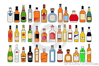 Vector Alcohol bottles line icons set. illustration drinks. Object for advertising and web isolated on white background Vector Illustration