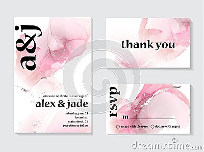 Vector alcohol ink art cloud.Pink watercolor drop mesh design with cute wedding invitation text. Macro liquid background with Vector Illustration