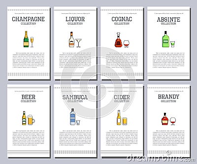 Vector alcohol list with icons for bar menu. Vodka wine whiskey tequila vermouth gin rum port. Brochure cafe restaurant Vector Illustration