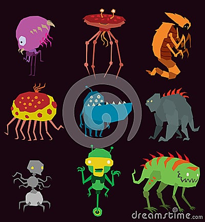 Vector aliens monsters set graphic mutant collection of colorful toy cute aliens monsters creature funny illustration Vector Illustration