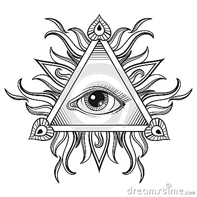 Vector All seeing eye pyramid symbol in tattoo engraving design. Vector Illustration