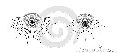 Vector all-seeing eye, eye in the sky with light ray, symbol of the Masons, Illuminati, monochrome hand drawn sketch Vector Illustration