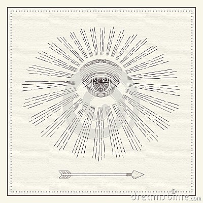 Vector all-seeing eye, eye in the sky with light ray, symbol of the Masons, Illuminati, monochrome hand drawn sketch Vector Illustration