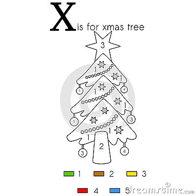 X-mas tree. Vector alphabet letter X, colouring page Cartoon Illustration