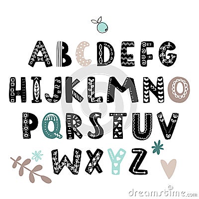 Vector alphabet scandinavian style. Kids poster with hand drawn letters, abc. Vector Illustration