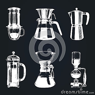 Vector alternative coffee brewing illustrations set. Hand sketched different coffee makers. Cafe,restaurant menu design. Vector Illustration