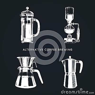 Vector alternative coffee brewing illustrations set. Hand sketched different coffee makers. Cafe,restaurant menu design. Vector Illustration