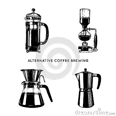 Vector alternative coffee brewing illustrations set. Hand sketched different coffee makers. Cafe,restaurant menu design. Vector Illustration