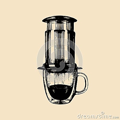 Vector alternative coffeemaker illustration. Hand sketched device for espresso brewing. Cafe, restaurant menu design. Vector Illustration