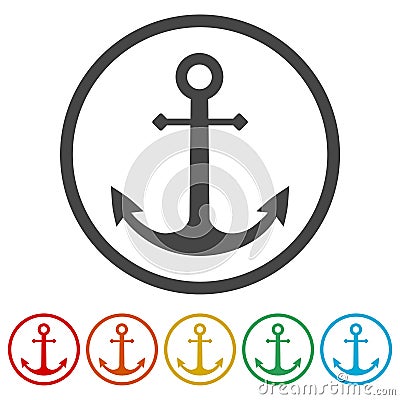 Vector anchor icon, Ship anchor or boat anchor flat icon, 6 Colors Included Vector Illustration