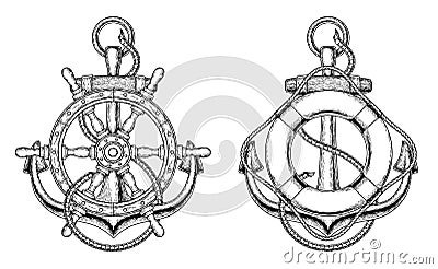 Vector anchors with a wooden ship steering wheel and life ring Vector Illustration