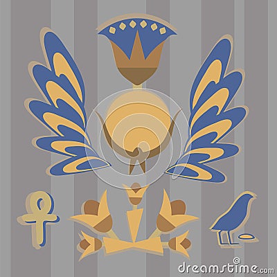 Vector is an ancient Egyptian composition from the sun, flowers, feathers, birds in yellow-blue tones against the background of gr Vector Illustration