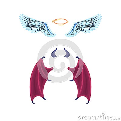 Vector angel and daemon wings set. Leathery wings of devil and angel fiends flying wide open with halo and horns and Vector Illustration