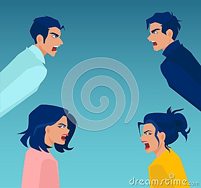 Vector of angry and frustrated men and women screaming at each other Vector Illustration