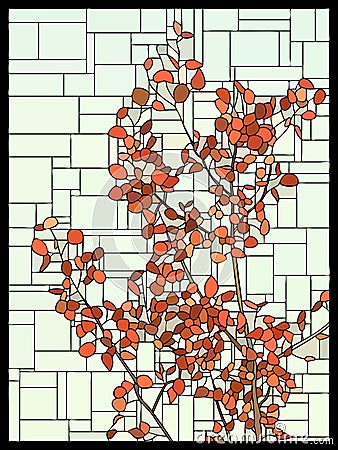 Vector stained glass window with red leaves of a tree. Vector Illustration