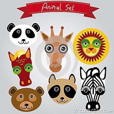 Vector animal set panda, giraffe, lion, horse, bear, raccoon, zebra Vector Illustration