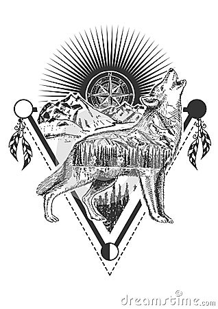Vector howling wolf tattoo or t-shirt print design Vector Illustration