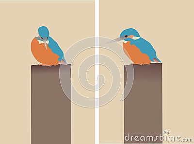 vector of animals: two pictures of kingfishers sitting on a pole Vector Illustration