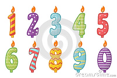 Vector anniversary numbers candles set isolated on white backgroud. Candles for decoration birthday cake. Collection Vector Illustration