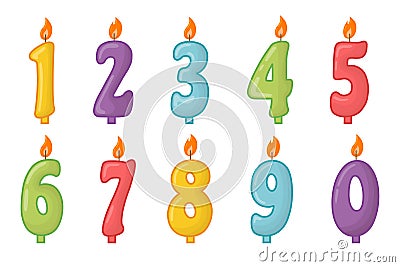 Vector anniversary numbers candles set isolated on white backgroud. Candles for decoration birthday cake. Collection Vector Illustration