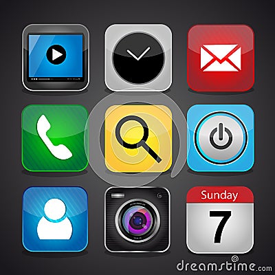 Vector app icon set on a black background Vector Illustration