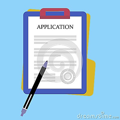Vector Application Form. Clipboard with document. Documents with Stamp and Pencil Vector Illustration