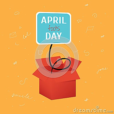 Vector April Fool's Day funny box with label on bright orange background with doodles Vector Illustration