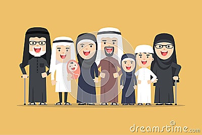 Vector arab family, muslim people, saudi cartoon man and woman. Vector Illustration