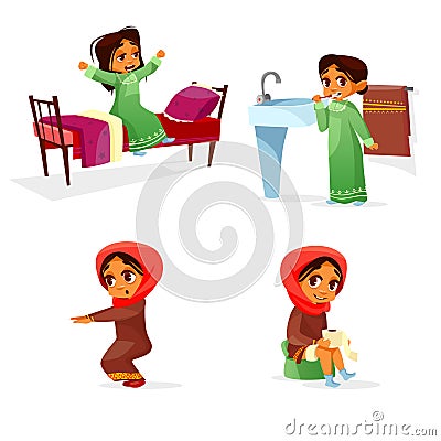 Vector arab girl daily morning routine activity Vector Illustration