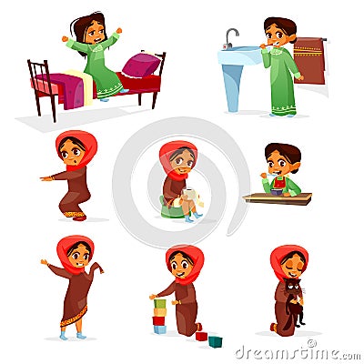 Vector arab girl daily morning routine activity Vector Illustration