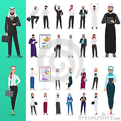 Vector Arabian muslim business man and business woman poses working office character design set. Vector Illustration