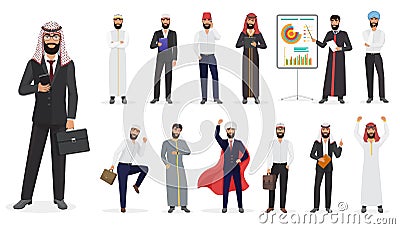 Vector Cartoon arab muslim businessman male character set standing in different positions. Vector Illustration