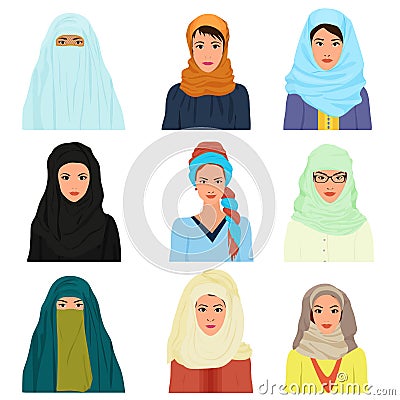 Vector arabian arabic islamic Female woman character faces avatars in different clothes and hair styles. Vector Illustration