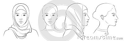 Vector Arabian Muslim woman wearing hijab, niqab, chador, burqa dress and Abaya. Two dimension angles of Middle Eastern Vector Illustration