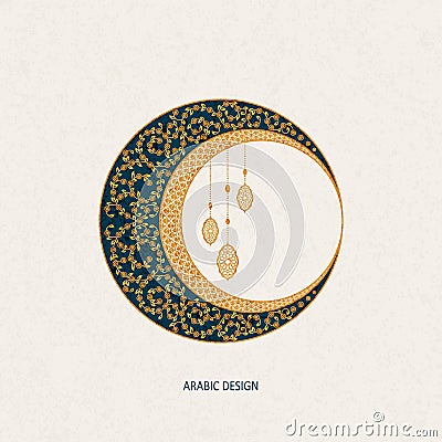 Vector arabic islamic traditional moon design element with golden floral and geometric ornaments Vector Illustration