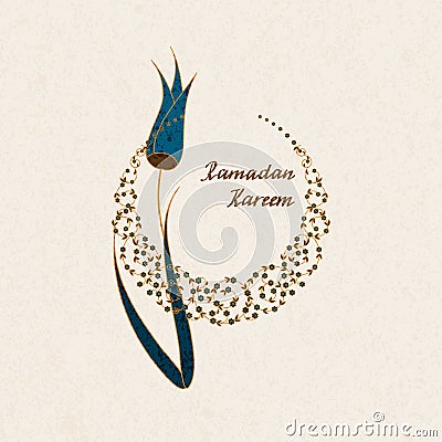 Vector arabic postcard with hand drawn words Ramadan Kareem a flower and a moon symbol Vector Illustration