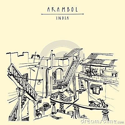 Vector Arambol, Goa, India postcard. Guest houses resort landscape. Artistic drawing. Indian travel sketch. Vintage hand drawn Vector Illustration