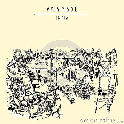 Vector Arambol, Goa, India postcard. Tropical rural Indian landscape. Artistic drawing. Travel sketch. Vintage hand drawn postcard Vector Illustration