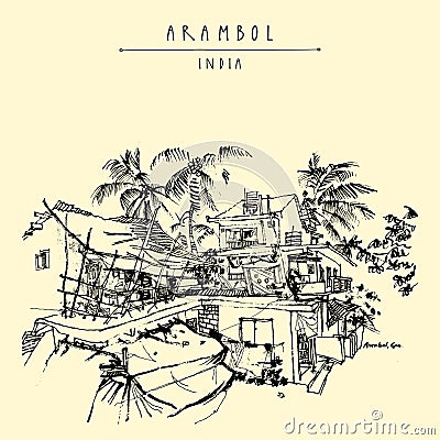 Vector Arambol, Goa, India postcard. Tropical village landscape. Artistic drawing. Travel sketch. Vintage hand drawn postcard, Vector Illustration