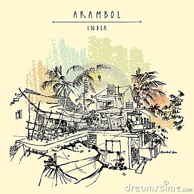 Vector Arambol, Goa, India postcard. Tropical village landscape. Artistic drawing. Travel sketch. Vintage hand drawn postcard, Vector Illustration