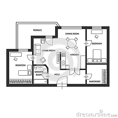 Vector Architect plan with a furniture Flat Design Vector Illustration