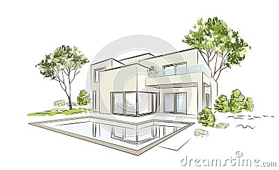 Vector architectural sketch modern exclusive house. Modern architecture/ Vector Illustration